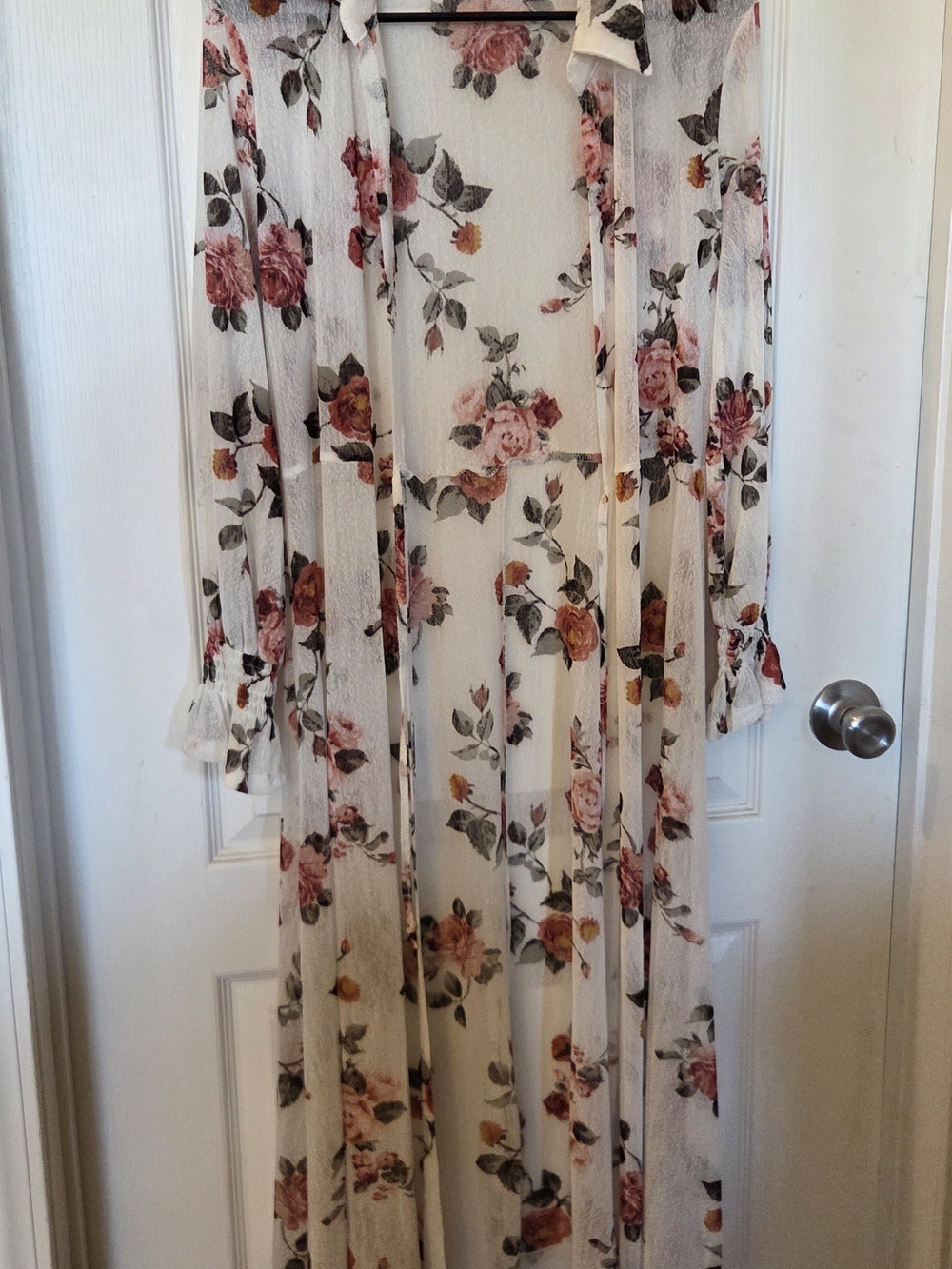 Sheer Floral Duster Kimono in Cream with Pink Rose Print